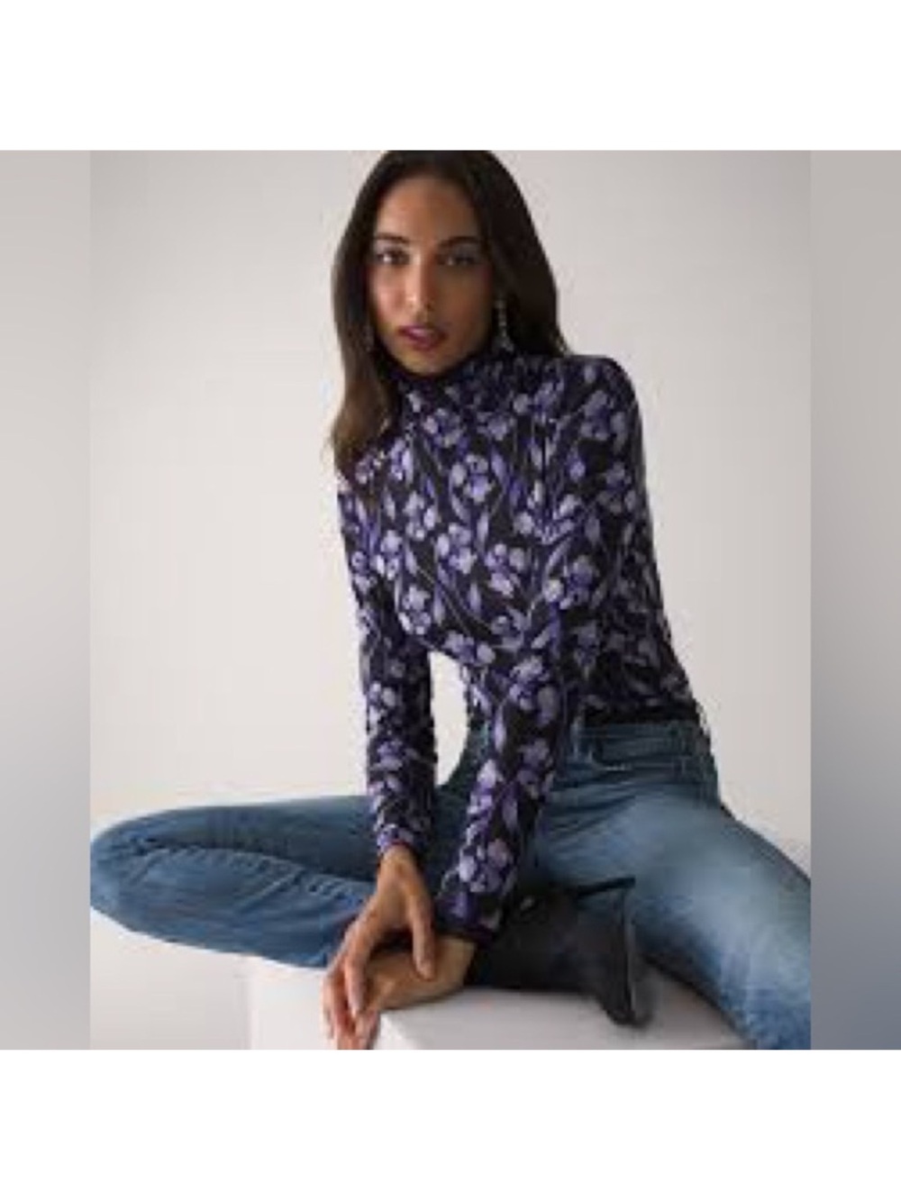 White House Black Market Sheer Purple Floral Mock-Neck Long Sleeve Top